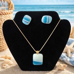 Handcrafted Fused Glass Necklace & Earrings Set in Sea Blue. New In Gift Box.